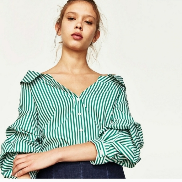NWT Zara Green Striped Wide Open Neck Over the Shoulder Blouse Shirt puff Sleeve - Picture 5 of 16